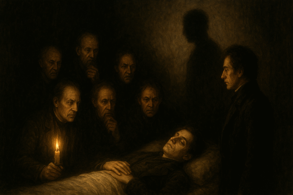 Imagem representando as sete pessoas velando o corpo do amigo e a sombra ao fundo.